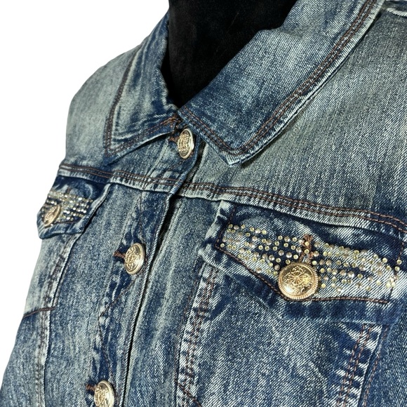 Studded Denim Vest Western Rhinestone Biker Moto Back in the Saddle Americana - Picture 6 of 8